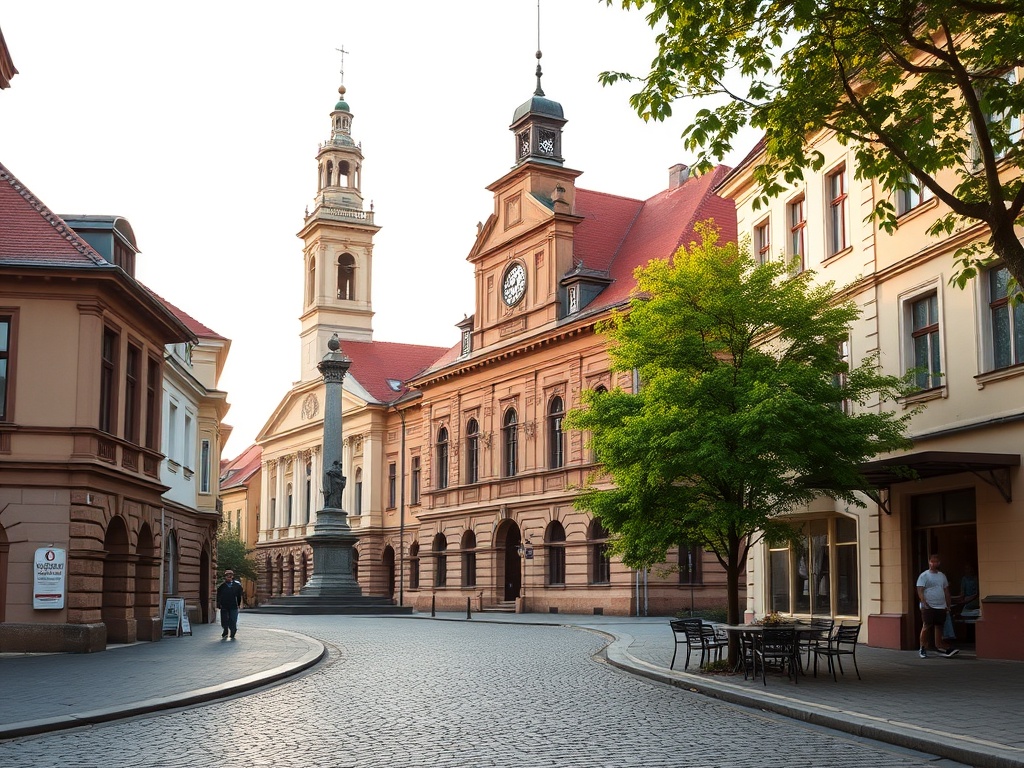Widok na rynek w Makowie Mazowieckim z charakterystyczną zabudową i kościołem w tle.