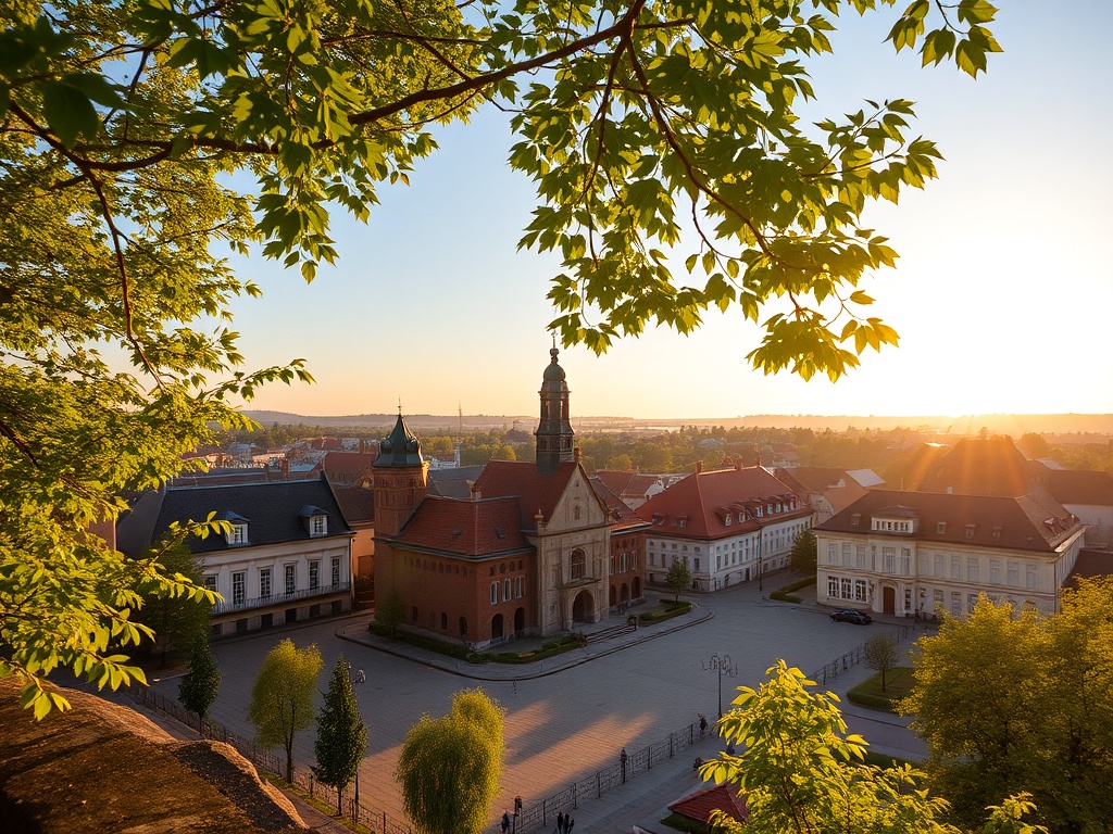 Widok na rynek w Makowie Mazowieckim z zabytkowymi kamieniczkami i kościołem w tle.