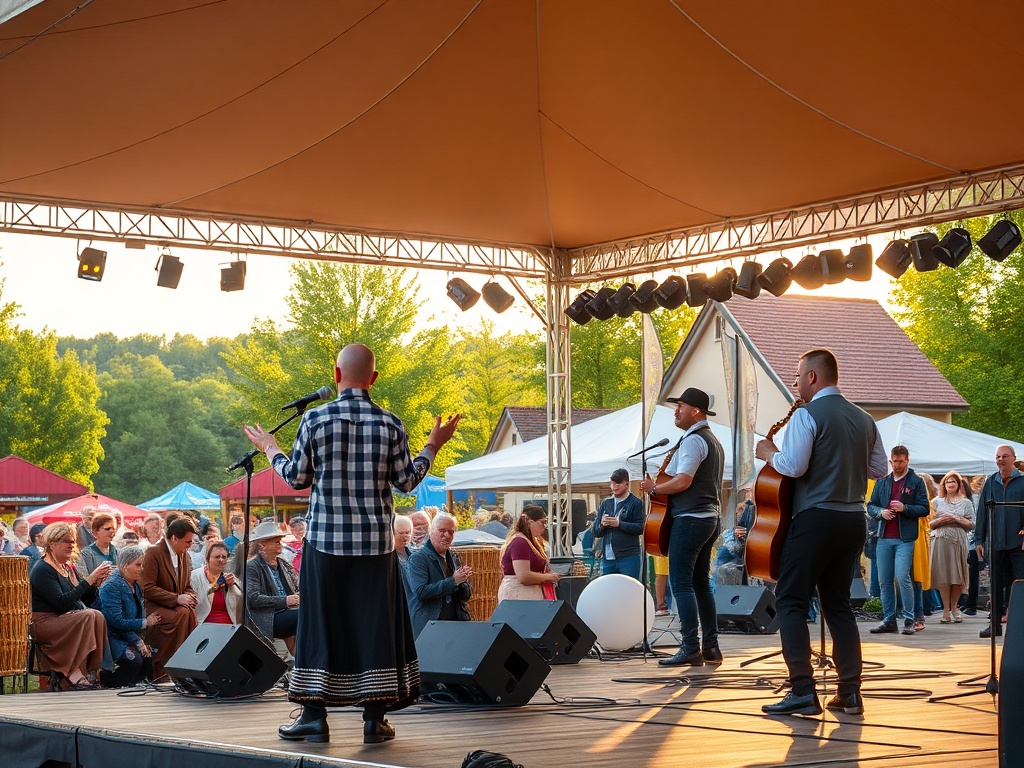 Widok na rynek w Makowie Mazowieckim podczas wiosennego dnia, z zielenią i mieszkańcami cieszącymi się pogodą.